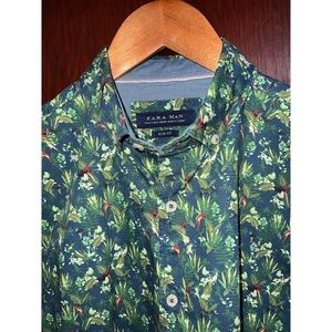 ZARA MAN SHIRT ZEBRA TIGER PARROT LEAF PRINT LONG SLEEVE SLIM FIT GREEN SMALL S